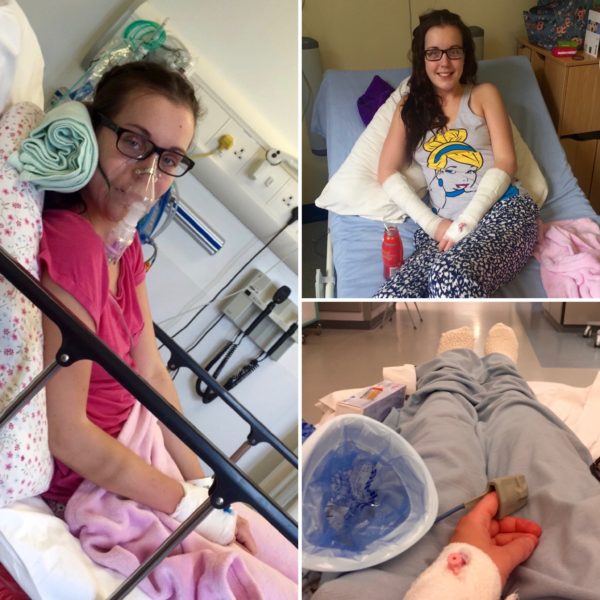 3 photos of Lauren lying on a hospital bed receiving various intravenous treatments. 