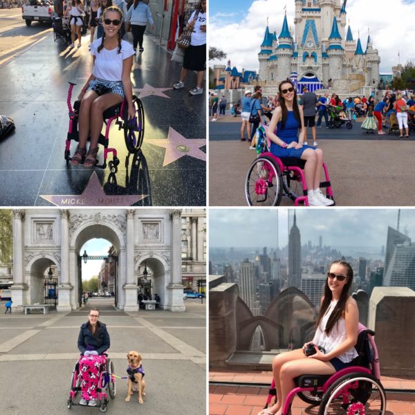 4 photos of Lauren sitting in a pink wheelchair in front of the Empire State Building, Cinderellas Castle at Disney World, London’s Marble Arch & LA’s Walk of Fame!