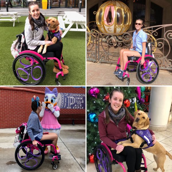 4 photos of Lauren using purple Loopwheels and a pink manual wheelchair in different environments. 