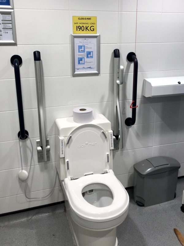 Multiple navy grab surrounding a white toilet with room for wheelchair transfers. 