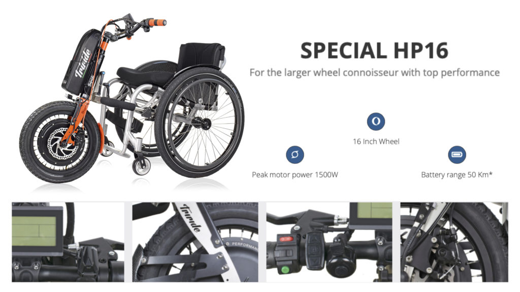 Various images showing the different features of the 'Special HP16' powered wheelchair attachment.