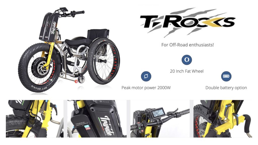 Various images showing the different features of the 'T-Rocks' powered wheelchair attachment.