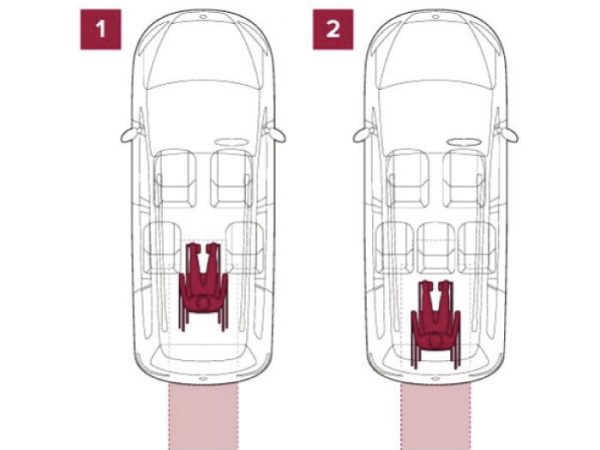 Two diagrams showing various internal seating arrangements. One - two front seats, two rear seats on either side with a wheelchair space in the middle. Two - two front seats, three rear seats and a wheelchair space at the very back, behind the rear row. 