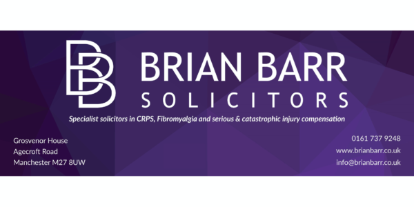 Purple and white Brian Barr logo with the words "specialist solicitors in CPRS, Fibromyalgia and Serious/Catestropjic Injury compensation" written underneath.