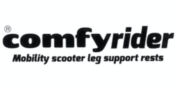 Black Comfyrider logo with the words "mobility scooter leg support rests" written underneath.