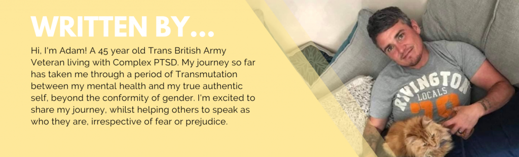 A pale yellow banner with information on the writer of this blog - Adam! Along with an image of Adam sitting on a sofa with a ginger cat on his lap. He is wearing a grey t-shift and smiling directly at the camera. The text reads: Hi, I'm Adam. A 45 year old Trans British Army Veteran living with Complex PTSD. My journey so far has taken me through a period of Transmutation between my mental health and my true authentic self, beyond the conformity of gender. I'm excited to share my journer, whilst helping others to speak as who they are, irrespective of fear or prejudice.